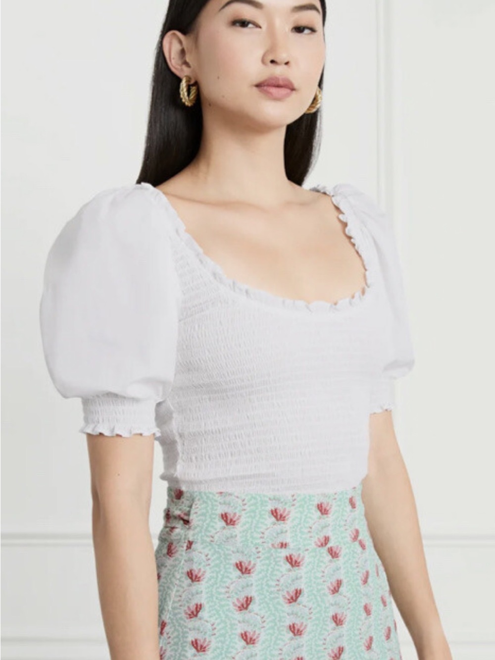 Hill House Women’s Aiko White Puff-Sleeve Smocked Top